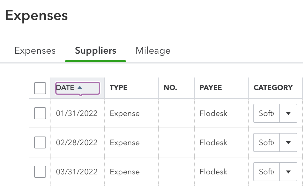 Screenshot of my Quickbooks expenses showing when I first became Flodesk customer