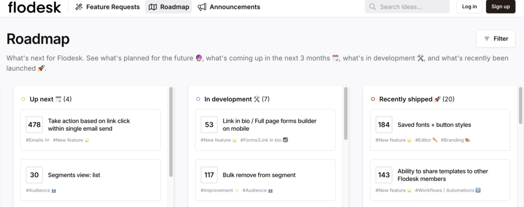 Screenshot of the Flodesk new features roadmap